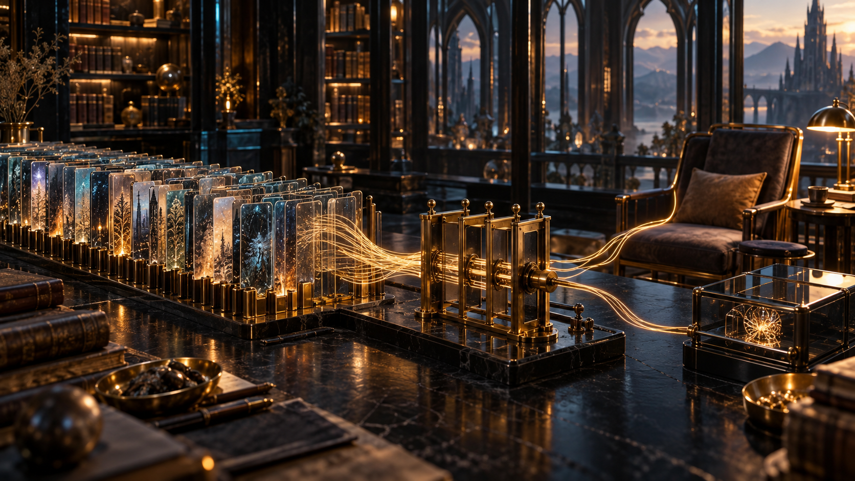 Conceptual artwork of glass archive plates with luminous threads passing through brass gates toward a reading chair and a glass instrument.