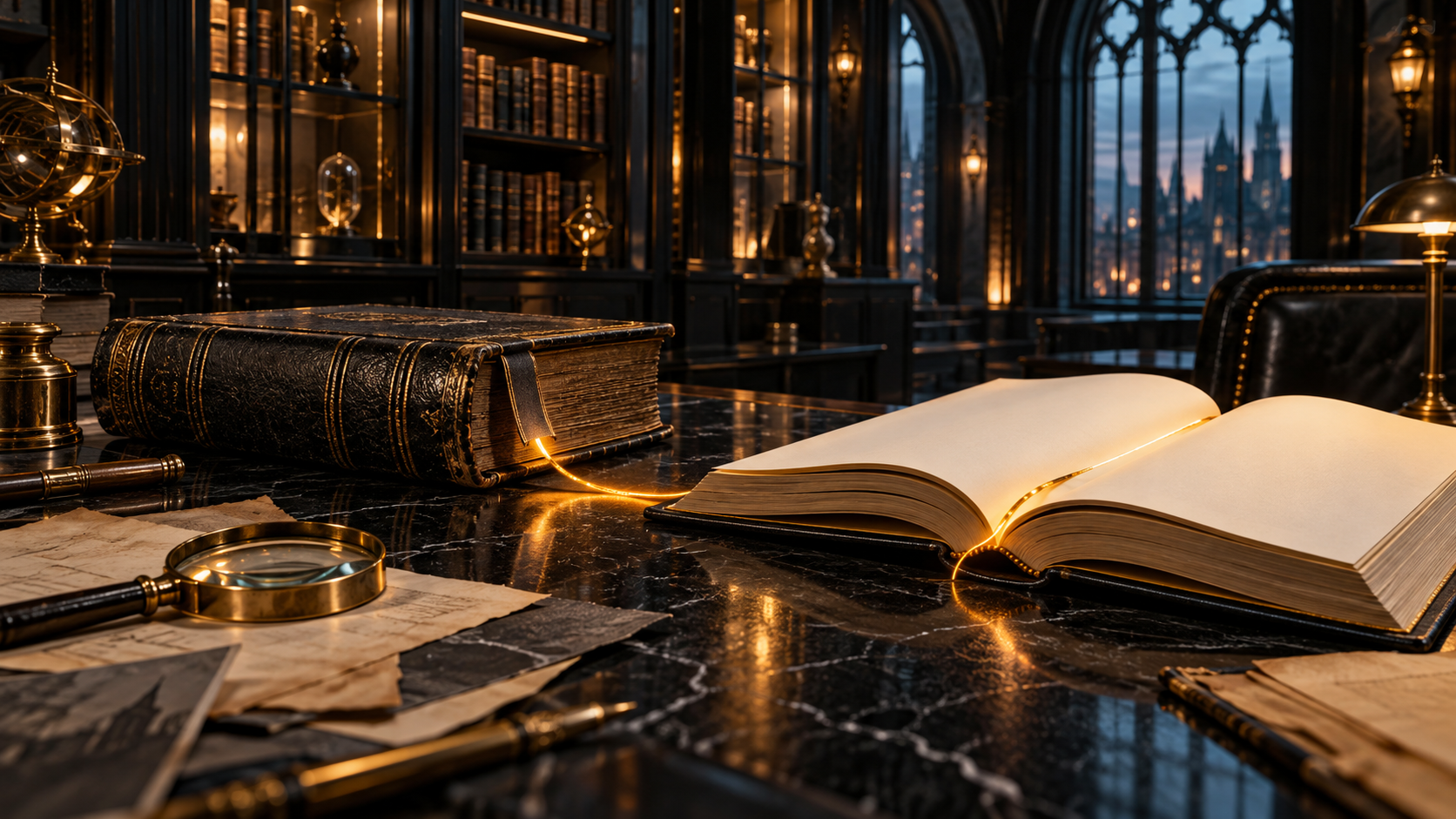 Conceptual artwork of an old closed volume connected by a glowing bookmark thread to an open book.