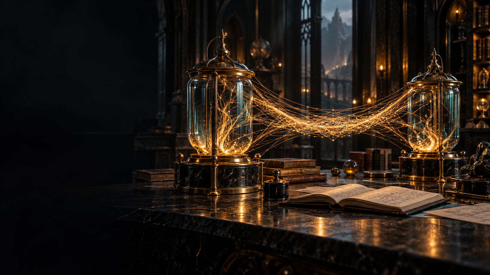Conceptual artwork of two brass and glass vessels joined by luminous woven threads in a dark research library.